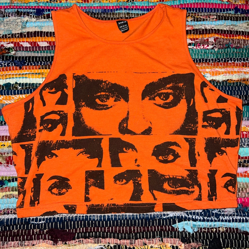 SHEIN Bright Orange Cropped Tank Top Shirt Graphic Size Large L Summer